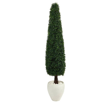 Nearly Natural 63-in Boxwood Topiary Artificial Tree in White Planter UV Resistant (Indoor/Outdoor)