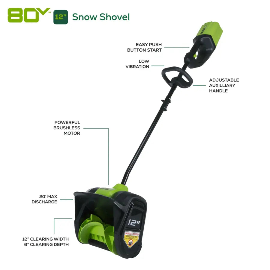 Greenworks - 80V 12” Cordless Brushless Snow Shovel with 2.0 Ah Battery and Rapid Charger - Black/Green