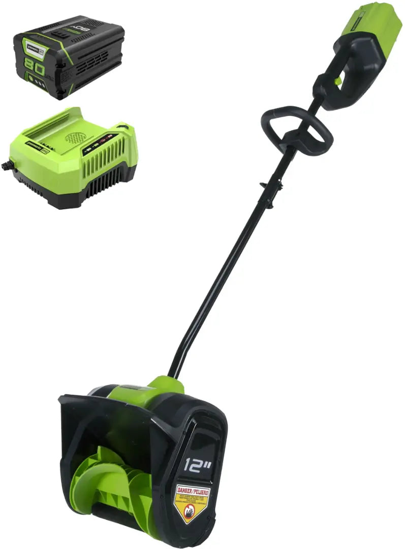 Greenworks - 80V 12” Cordless Brushless Snow Shovel with 2.0 Ah Battery and Rapid Charger - Black/Green